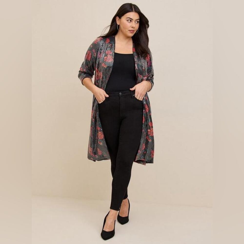 Torrid Black Red Floral Sequins Open Front Long Kimono Jacket Romantic Witchy-1X
